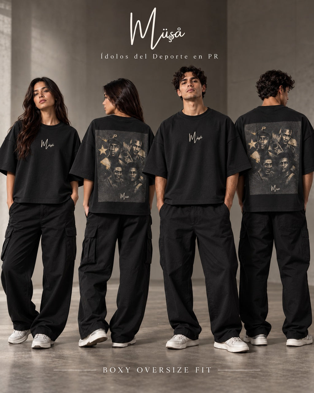 MÜ§Å ÍDOLOS DEL DEPORTE PR — BLACK BOXY OVERSIZED TEE - MS000059