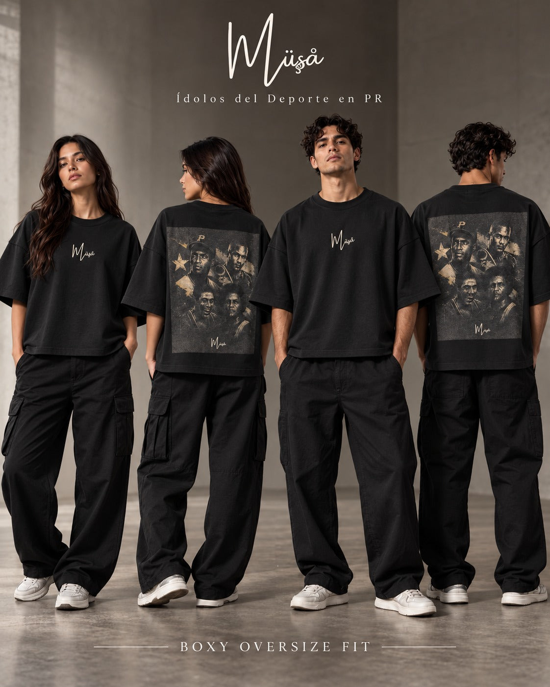 MÜ§Å ÍDOLOS DEL DEPORTE PR — BLACK BOXY OVERSIZED TEE - MS000059